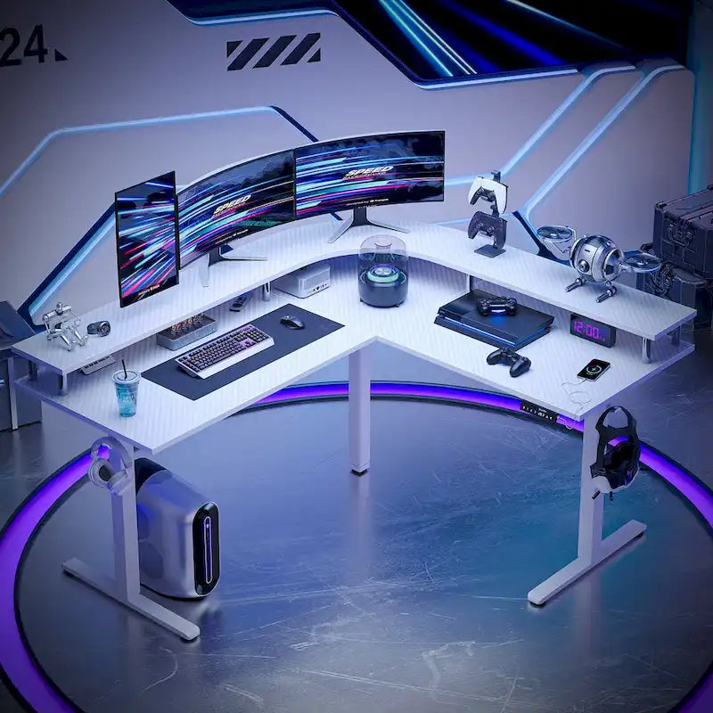 Bureau de jeu en forme de L de 63 po avec hauteur réglable, support de moniteur ergonomique, bureau d'angle