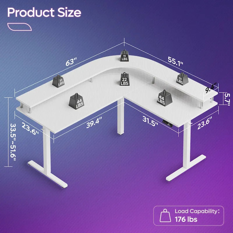 Bureau de jeu en forme de L de 63 po avec hauteur réglable, support de moniteur ergonomique, bureau d'angle
