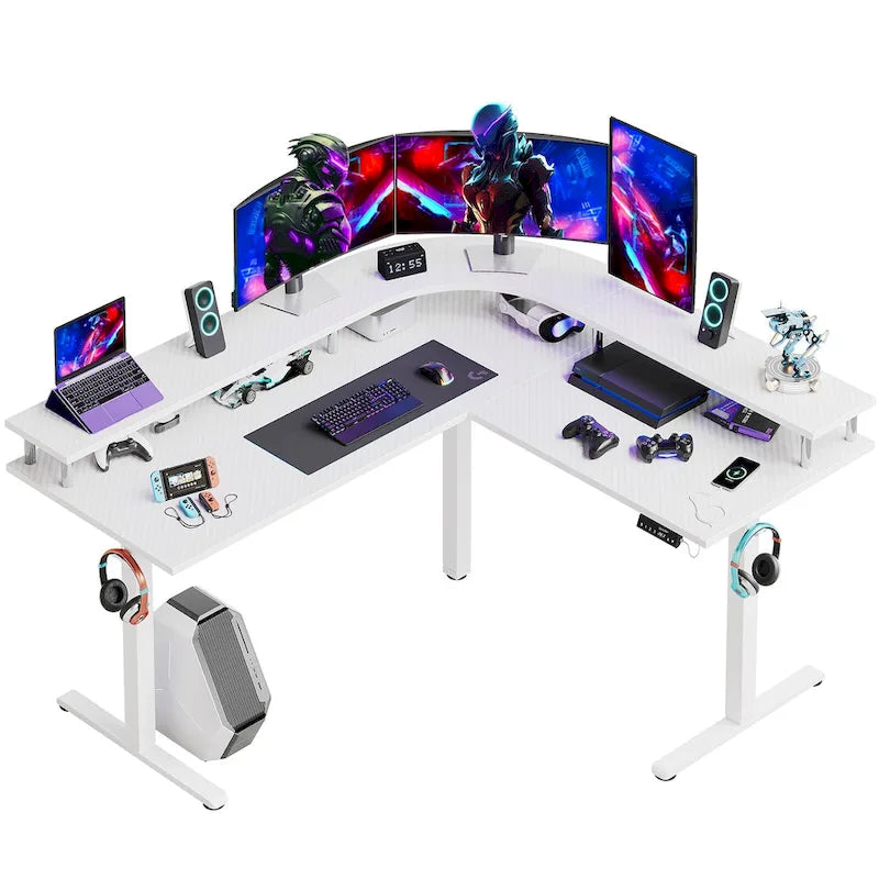 Bureau de jeu en forme de L de 63 po avec hauteur réglable, support de moniteur ergonomique, bureau d'angle
