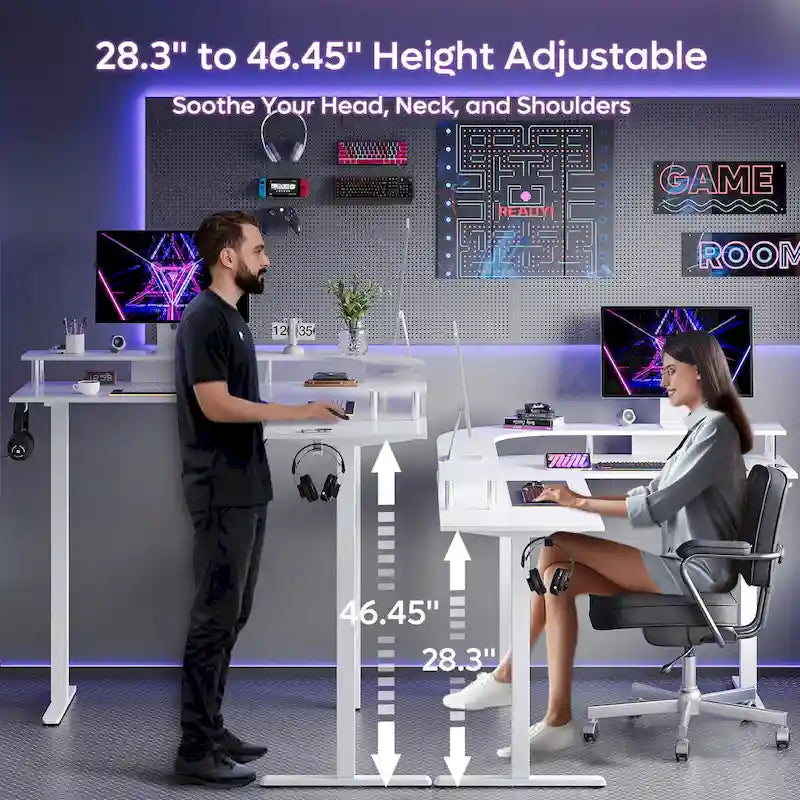 Bureau de jeu en forme de L de 63 po avec hauteur réglable, support de moniteur ergonomique, bureau d'angle