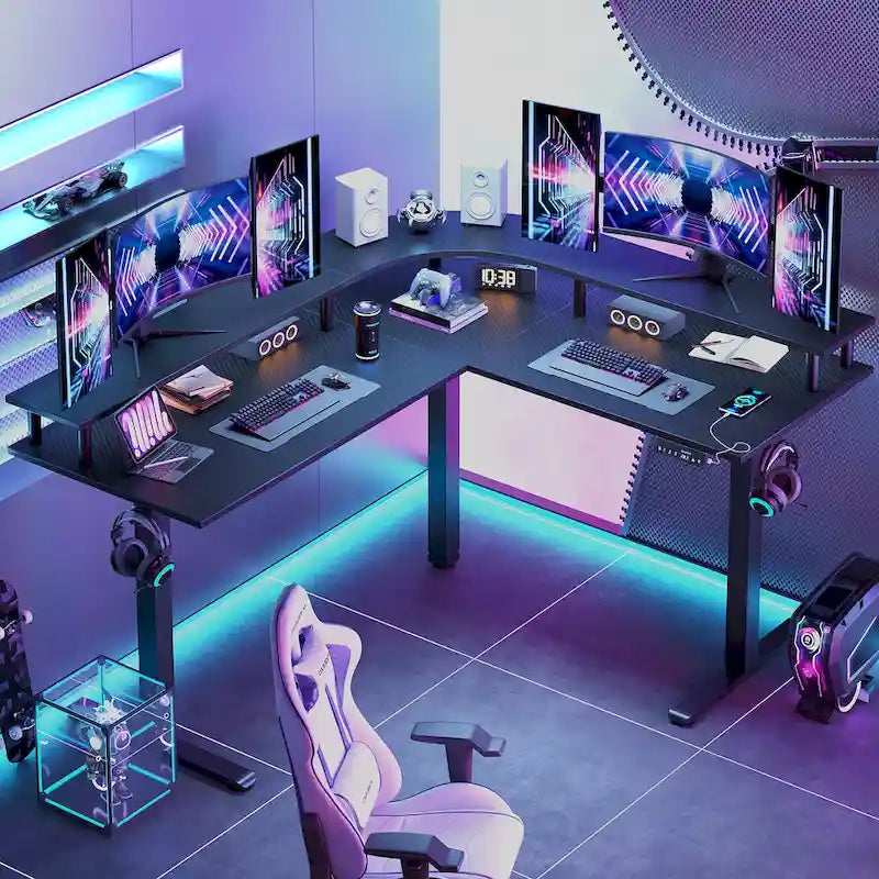 Bureau de jeu en forme de L de 63 po avec hauteur réglable, support de moniteur ergonomique, bureau d'angle