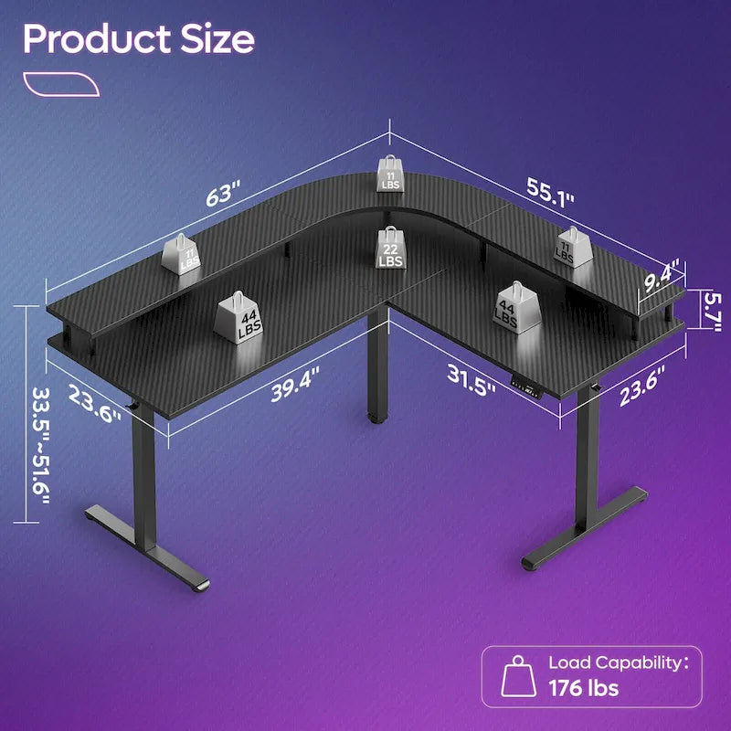 Bureau de jeu en forme de L de 63 po avec hauteur réglable, support de moniteur ergonomique, bureau d'angle
