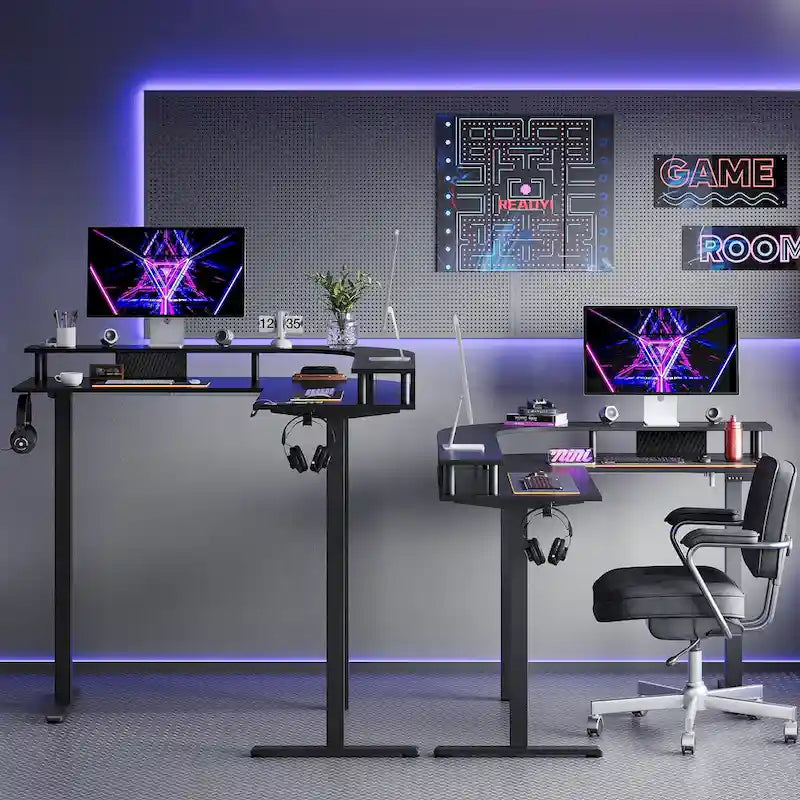 Bureau de jeu en forme de L de 63 po avec hauteur réglable, support de moniteur ergonomique, bureau d'angle