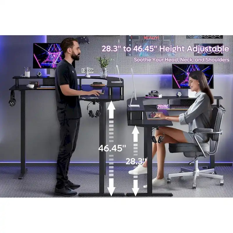 Bureau de jeu en forme de L de 63 po avec hauteur réglable, support de moniteur ergonomique, bureau d'angle