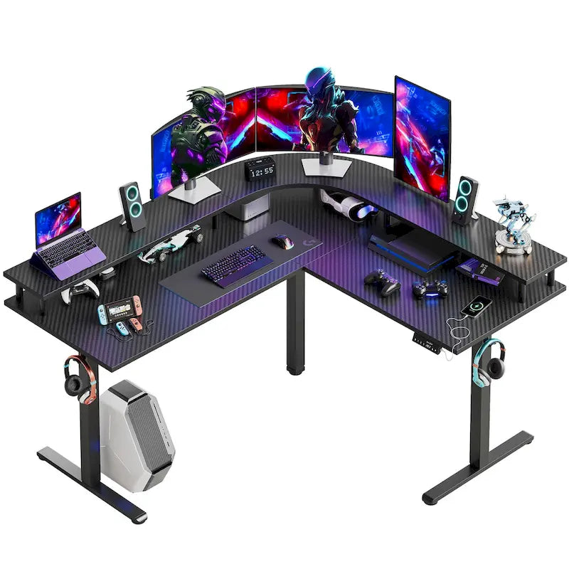 Bureau de jeu en forme de L de 63 po avec hauteur réglable, support de moniteur ergonomique, bureau d'angle
