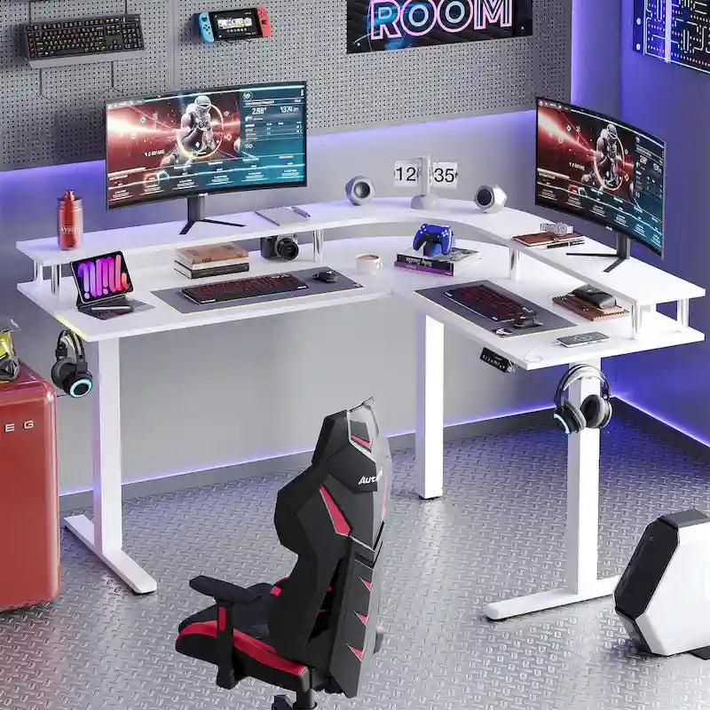 Bureau de jeu en forme de L de 63 po avec hauteur réglable, support de moniteur ergonomique, bureau d'angle