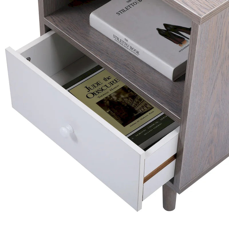 Table de chevet en bois avec tiroir et compartiment de rangement ouvert, lot de 2, Gris