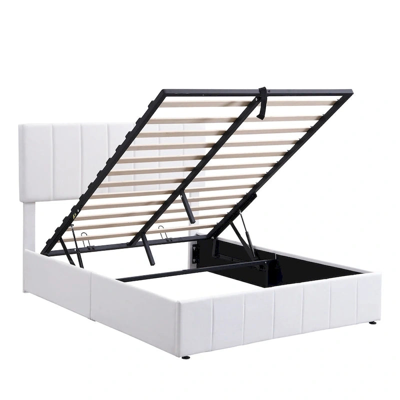 Lit plateforme rembourré avec système de rangement hydraulique -