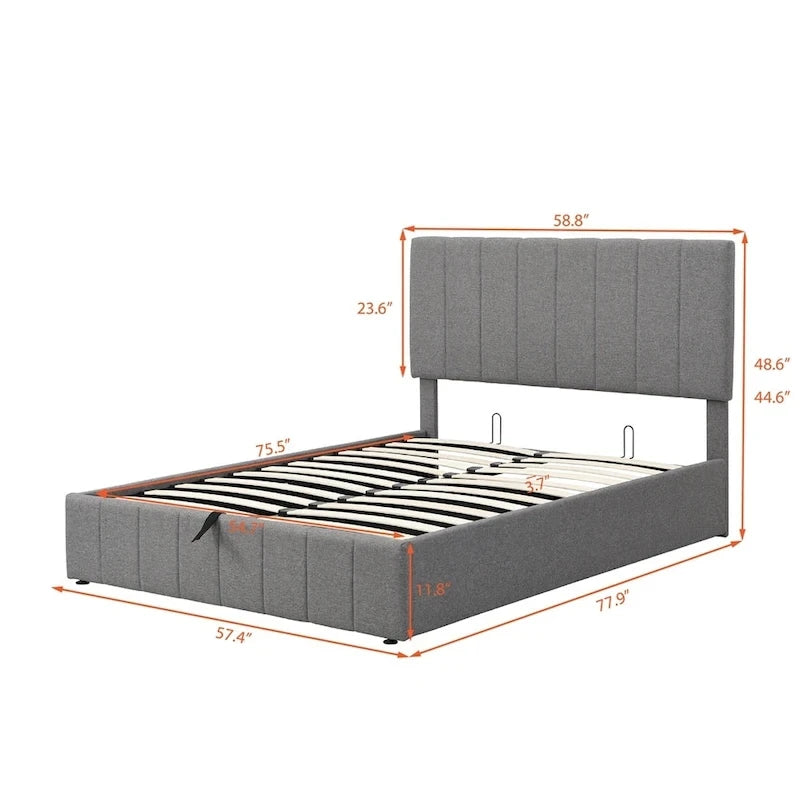 Lit plateforme rembourré avec système de rangement hydraulique -