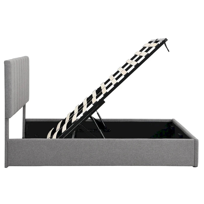 Lit plateforme rembourré avec système de rangement hydraulique -