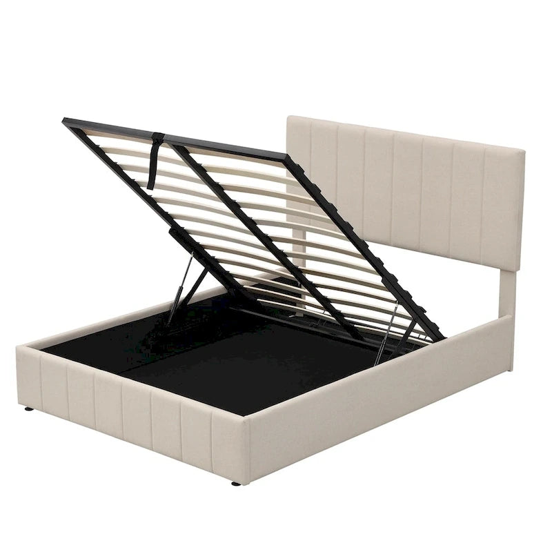 Lit plateforme rembourré avec système de rangement hydraulique -