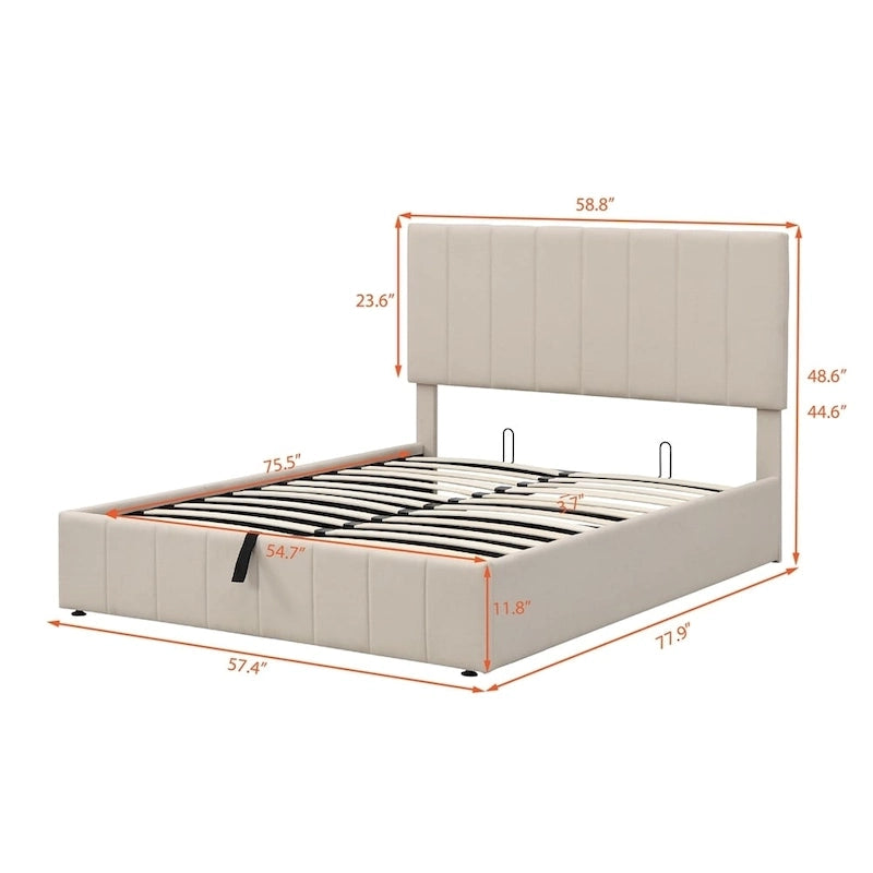 Lit plateforme rembourré avec système de rangement hydraulique -