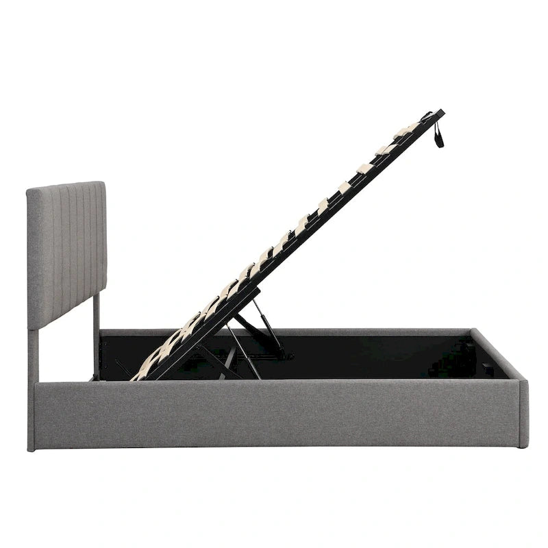 Lit plateforme rembourré avec système de rangement hydraulique -