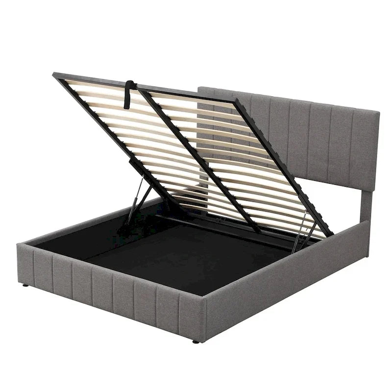 Lit plateforme rembourré avec système de rangement hydraulique -