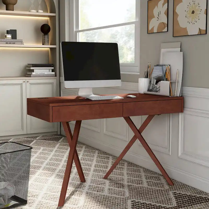 Bureau Foli Transitional de 47 po en bois avec 2 tiroirs, ports USB et prises électriques par Furniture of America