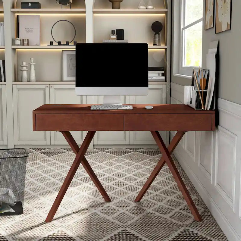 Bureau Foli Transitional de 47 po en bois avec 2 tiroirs, ports USB et prises électriques par Furniture of America