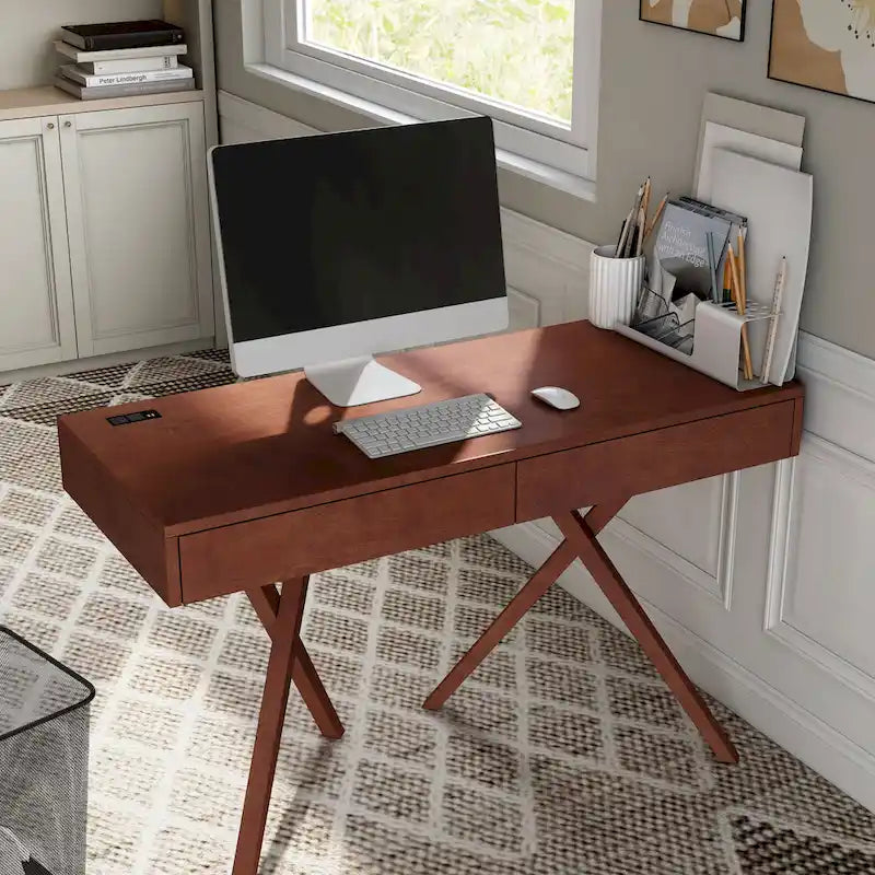 Bureau Foli Transitional de 47 po en bois avec 2 tiroirs, ports USB et prises électriques par Furniture of America