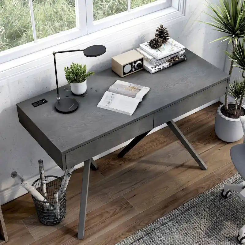 Bureau Foli Transitional de 47 po en bois avec 2 tiroirs, ports USB et prises électriques par Furniture of America