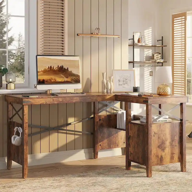 Bureau d'ordinateur en L pour bureau à domicile de style ferme avec armoire de rangement