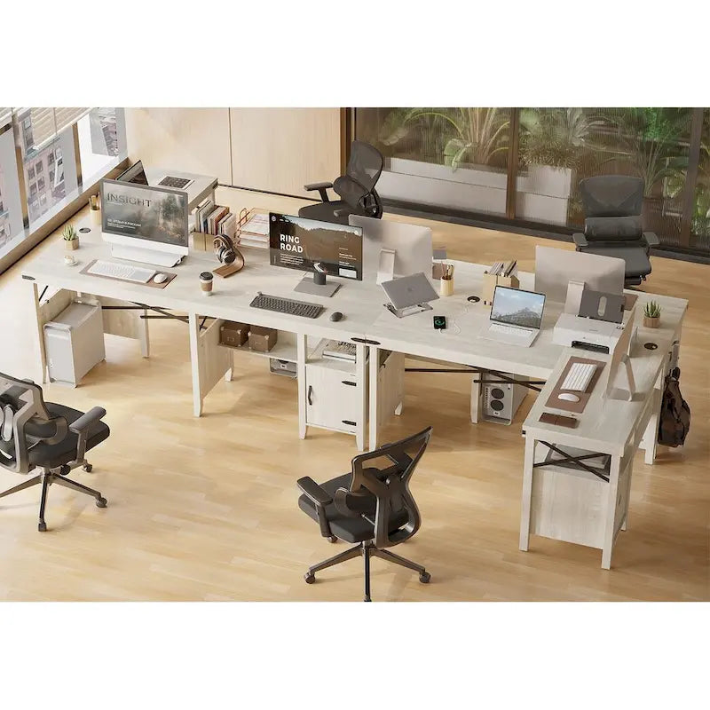 Bureau d'ordinateur en L pour bureau à domicile de style ferme avec armoire de rangement