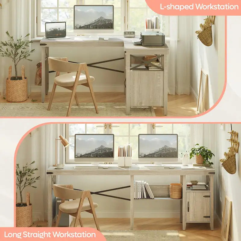Bureau d'ordinateur en L pour bureau à domicile de style ferme avec armoire de rangement