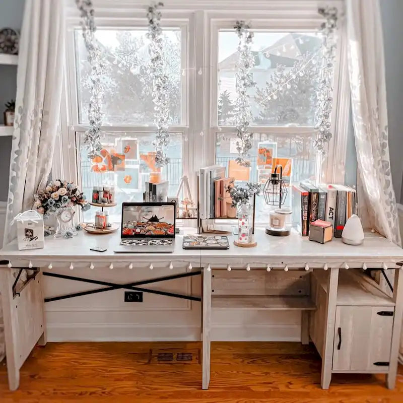 Bureau d'ordinateur en L pour bureau à domicile de style ferme avec armoire de rangement