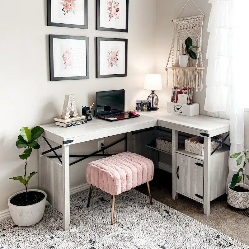 Bureau d'ordinateur en L pour bureau à domicile de style ferme avec armoire de rangement