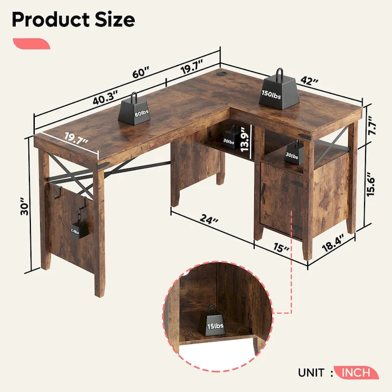 Bureau d'ordinateur en L pour bureau à domicile de style ferme avec armoire de rangement