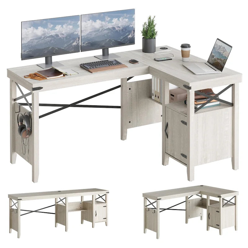 Bureau d'ordinateur en L pour bureau à domicile de style ferme avec armoire de rangement