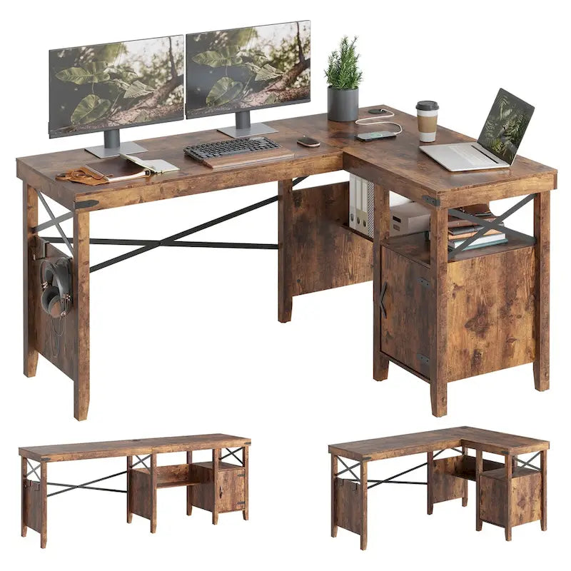 Bureau d'ordinateur en L pour bureau à domicile de style ferme avec armoire de rangement
