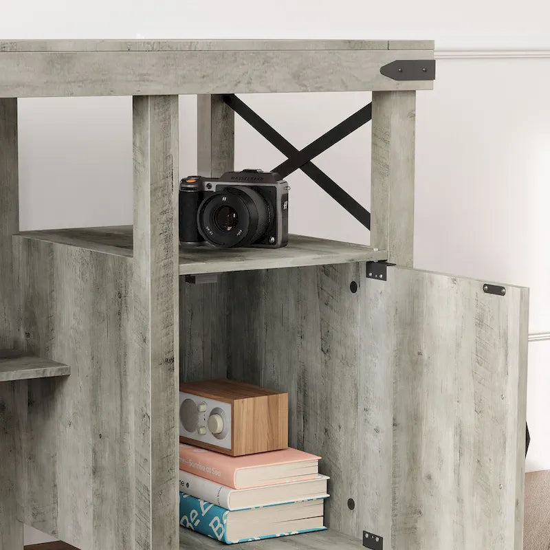 Bureau d'ordinateur en L pour bureau à domicile de style ferme avec armoire de rangement