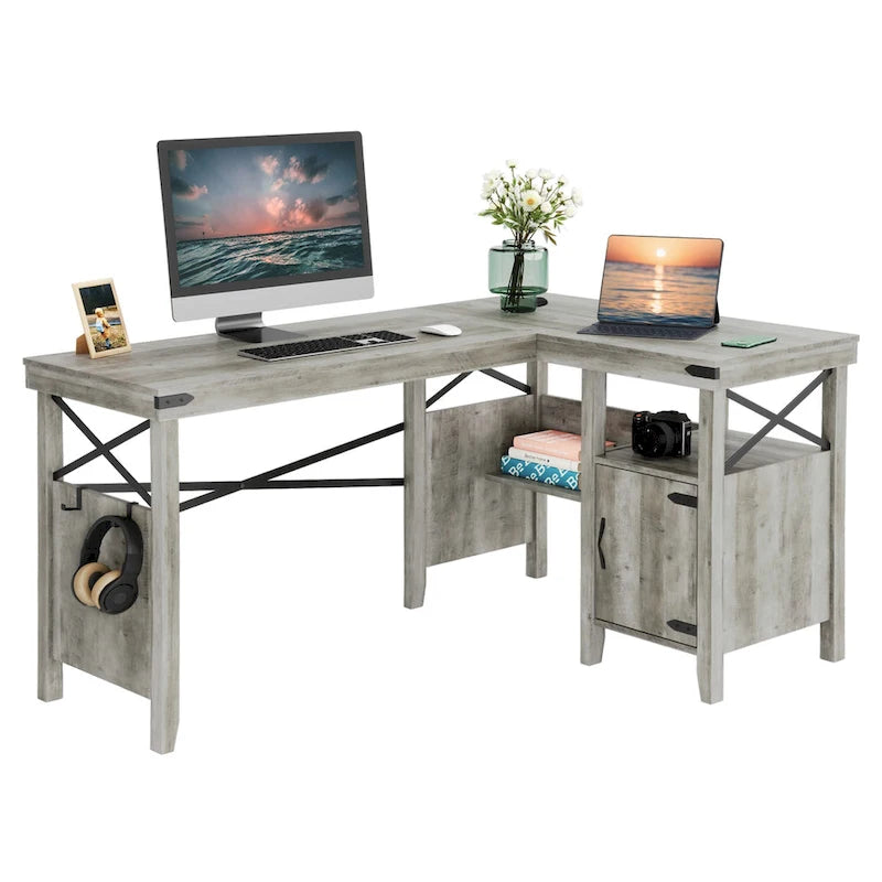 Bureau d'ordinateur en L pour bureau à domicile de style ferme avec armoire de rangement