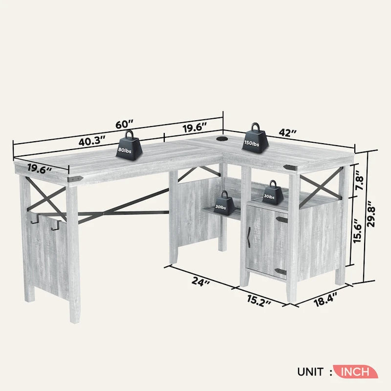 Bureau d'ordinateur en L pour bureau à domicile de style ferme avec armoire de rangement