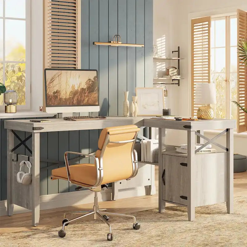 Bureau d'ordinateur en L pour bureau à domicile de style ferme avec armoire de rangement