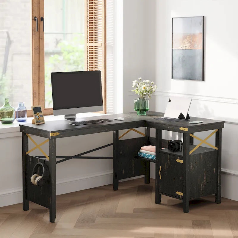 Bureau d'ordinateur en L pour bureau à domicile de style ferme avec armoire de rangement