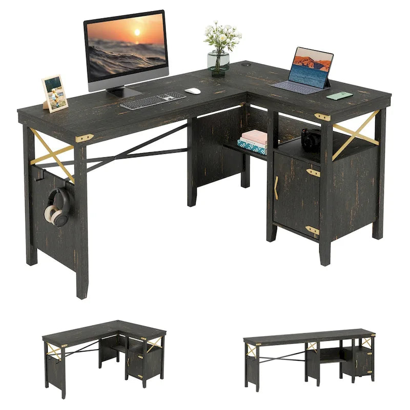 Bureau d'ordinateur en L pour bureau à domicile de style ferme avec armoire de rangement