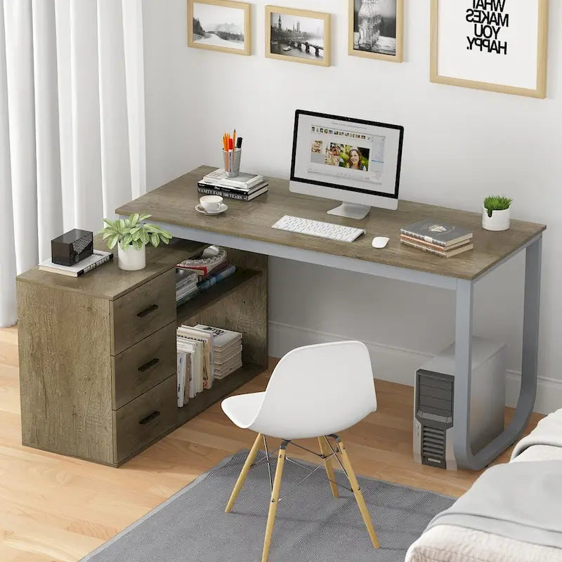 Bureau d'ordinateur d'angle en L Timechee 55 pouces avec tiroirs