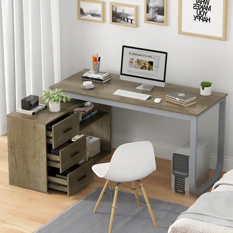 Bureau d'ordinateur d'angle en L Timechee 55 pouces avec tiroirs
