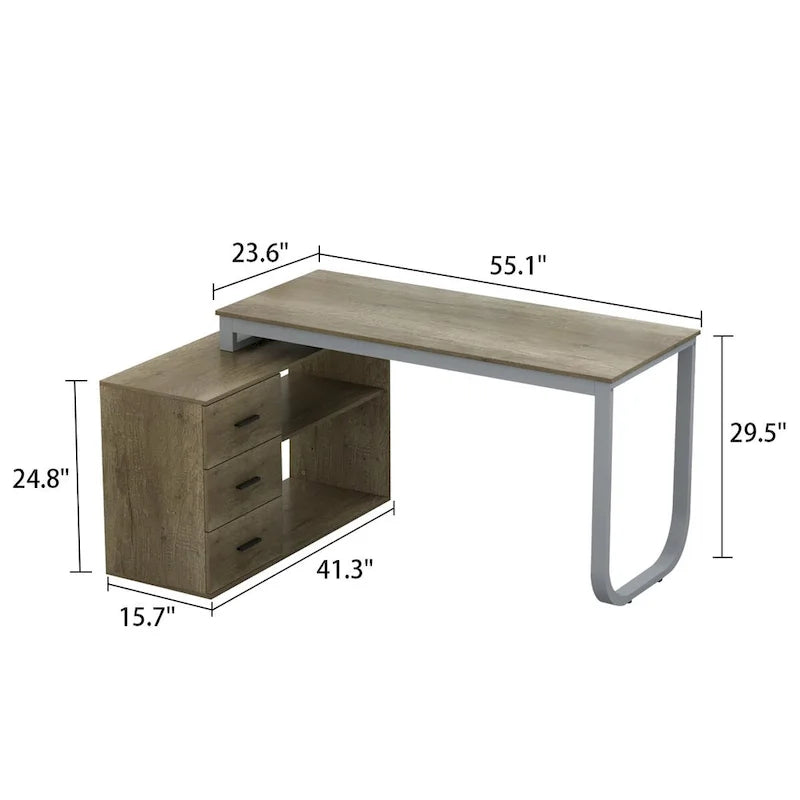 Bureau d'ordinateur d'angle en L Timechee 55 pouces avec tiroirs