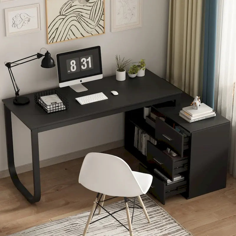 Bureau d'ordinateur d'angle en L Timechee 55 pouces avec tiroirs