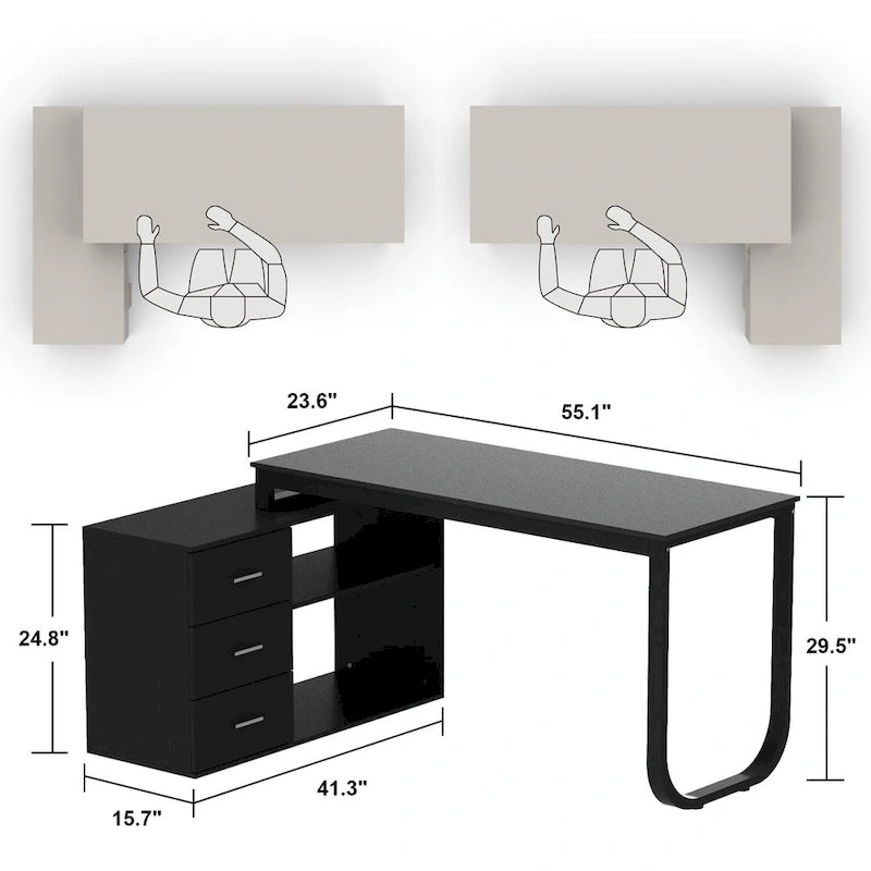Bureau d'ordinateur d'angle en L Timechee 55 pouces avec tiroirs