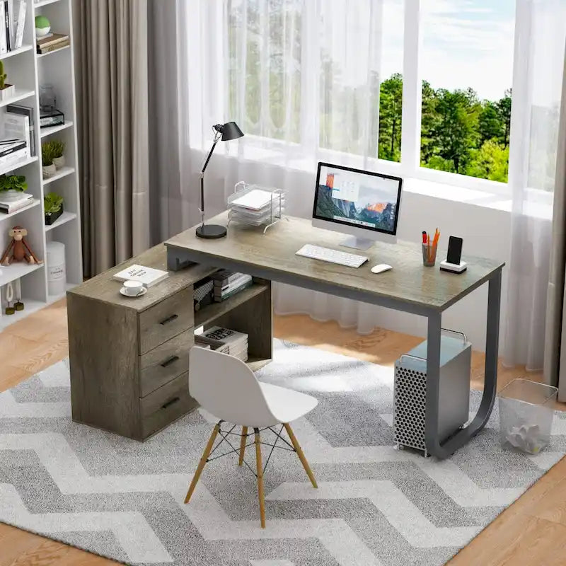 Bureau d'ordinateur d'angle en L Timechee 55 pouces avec tiroirs