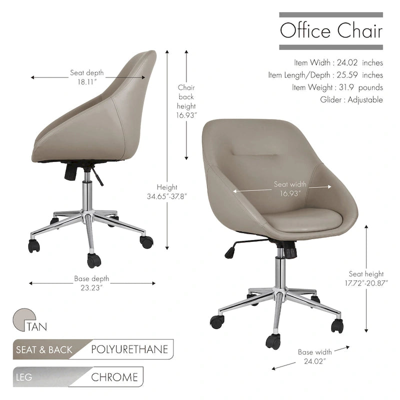 Chaise de bureau pivotante Porthos Home Hayes, piètement chromé, cuir PU