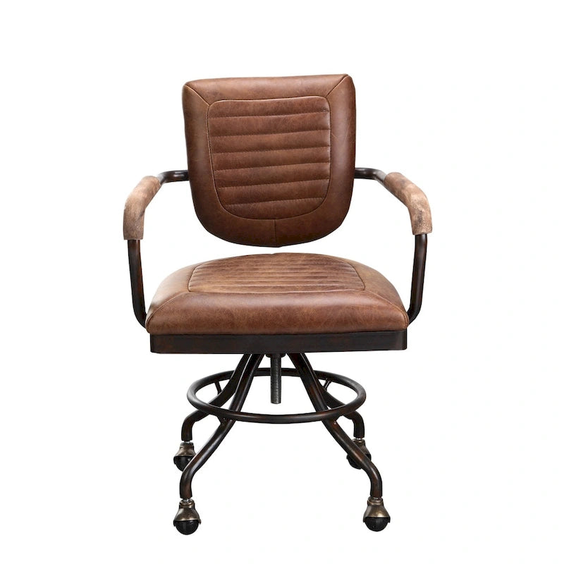 Chaise de bureau rustique vintage en cuir marron doux Aurelle Home