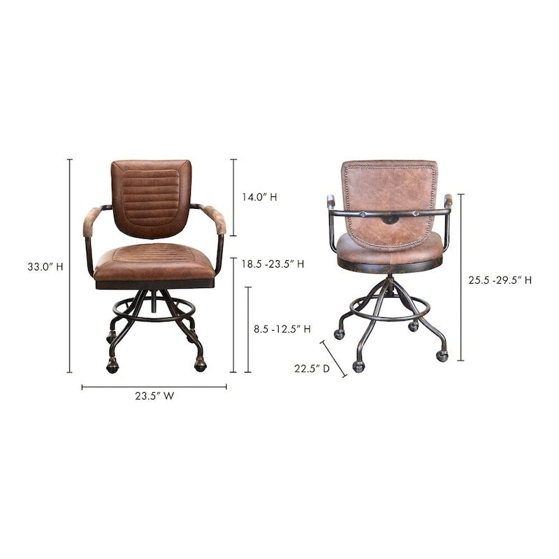 Chaise de bureau rustique vintage en cuir marron doux Aurelle Home