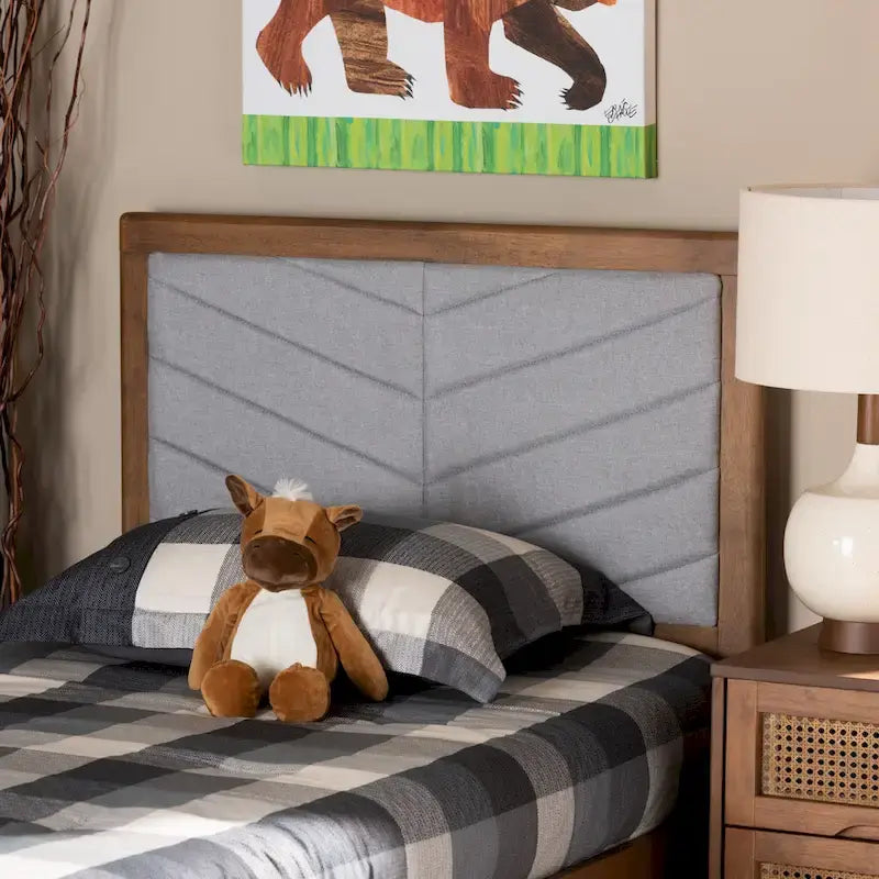 Tête de lit double moderne et contemporaine Iden en tissu et bois gris