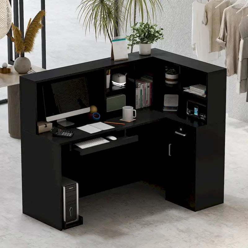 Bureau de réception en bois en forme de L Timechee 55.9W 48.4H avec tiroir à serrure