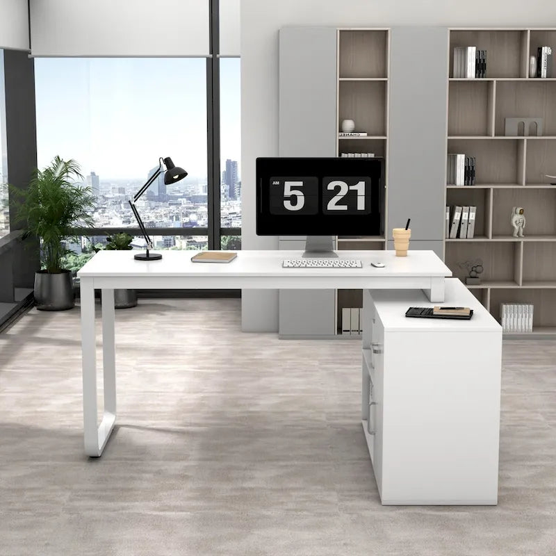 Bureau d'ordinateur d'angle Timechee de 55 pouces avec tiroirs et armoire, blanc