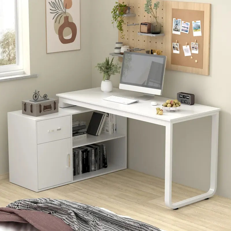 Bureau d'ordinateur d'angle Timechee de 55 pouces avec tiroirs et armoire, blanc