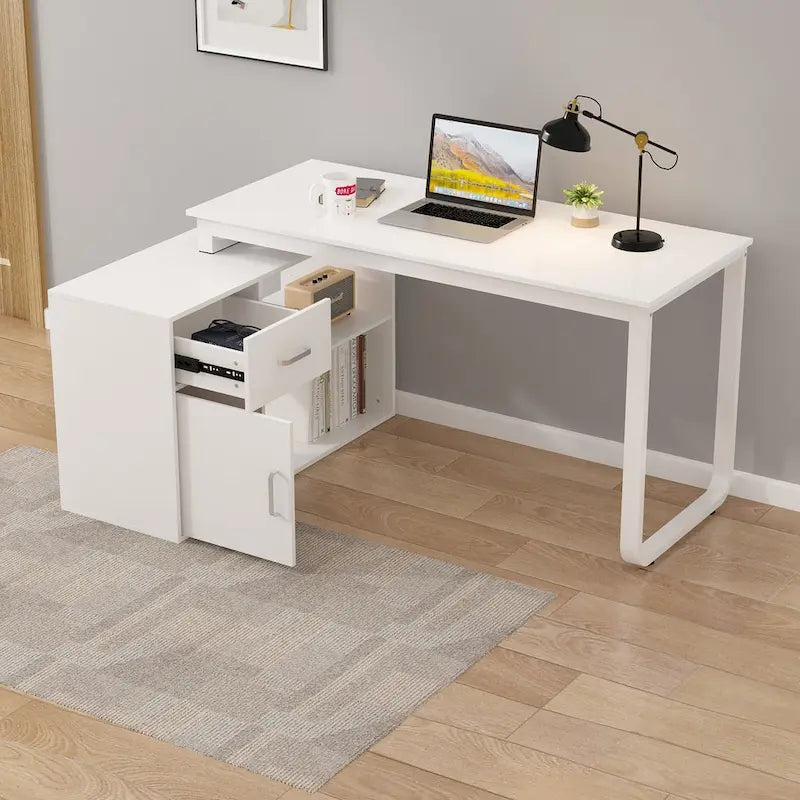Bureau d'ordinateur d'angle Timechee de 55 pouces avec tiroirs et armoire, blanc